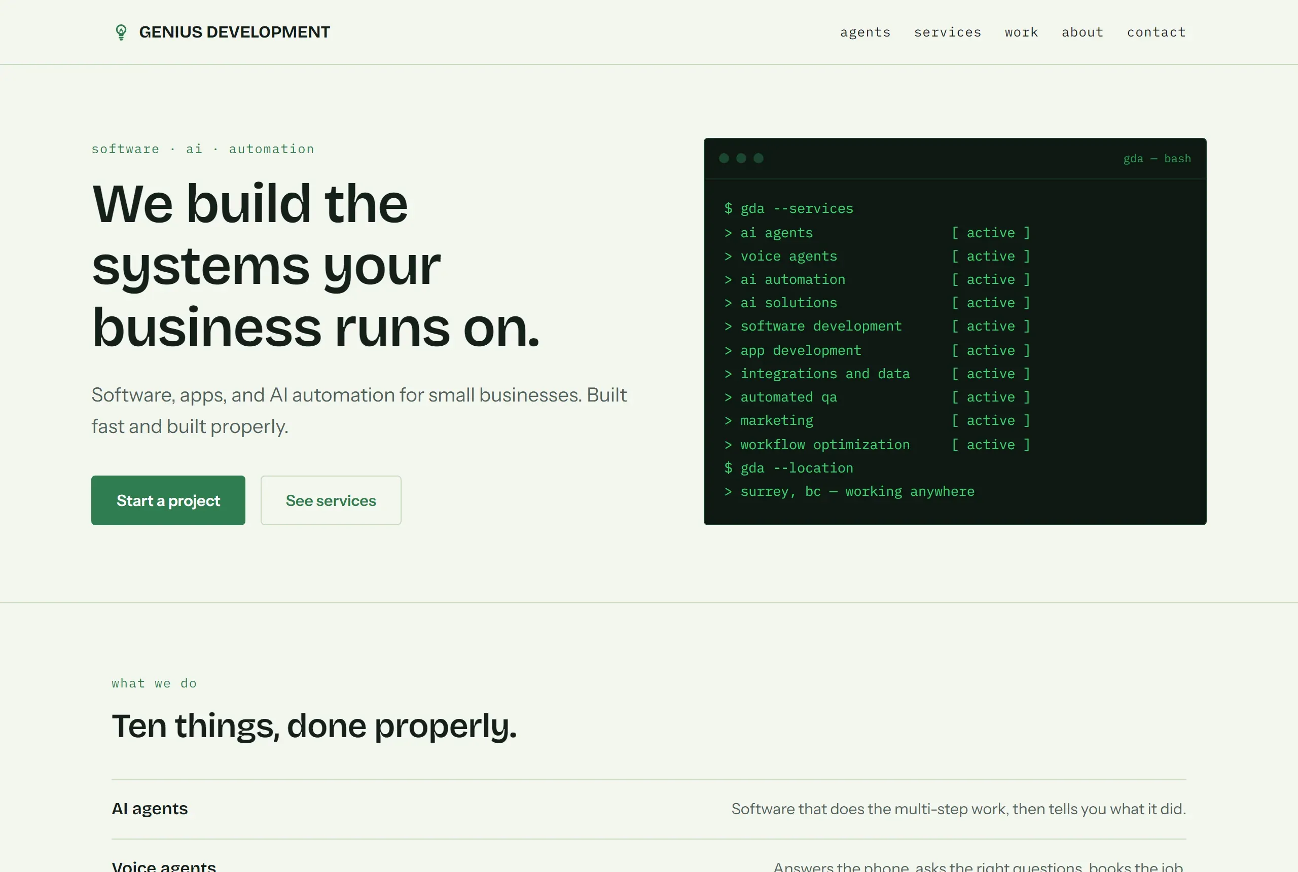 The Genius Development Agency homepage, with the headline "We build the systems your business runs on." beside a dark terminal listing the services the agency offers.