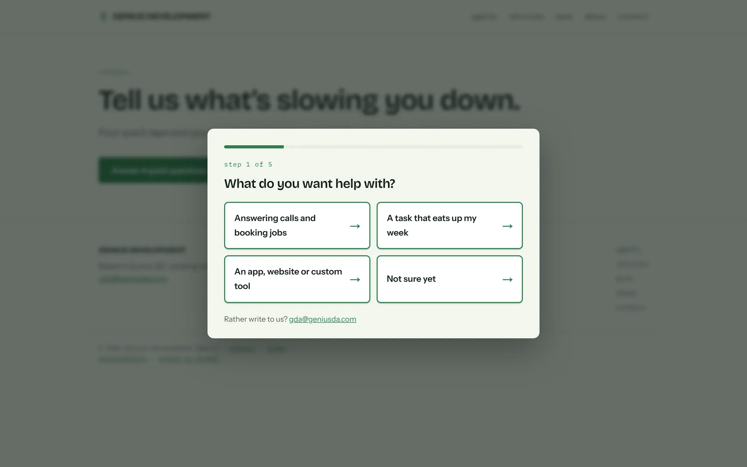 The contact page with a popup in front of a dimmed, blurred page, asking "What do you want help with?" over four large tappable answers and a progress bar.